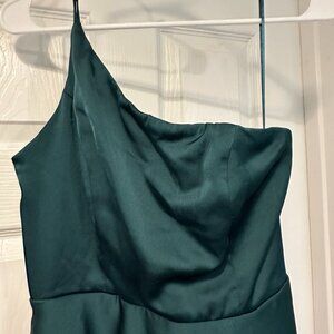 Lulus Green Satin One-Shoulder Maxi Dress With Pockets